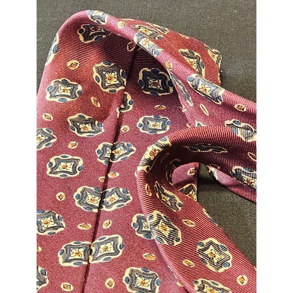 Vintage Parklane Mens Burgundy Silk Tie With Blue & Gold Geometric Pattern - Picture 6 of 10